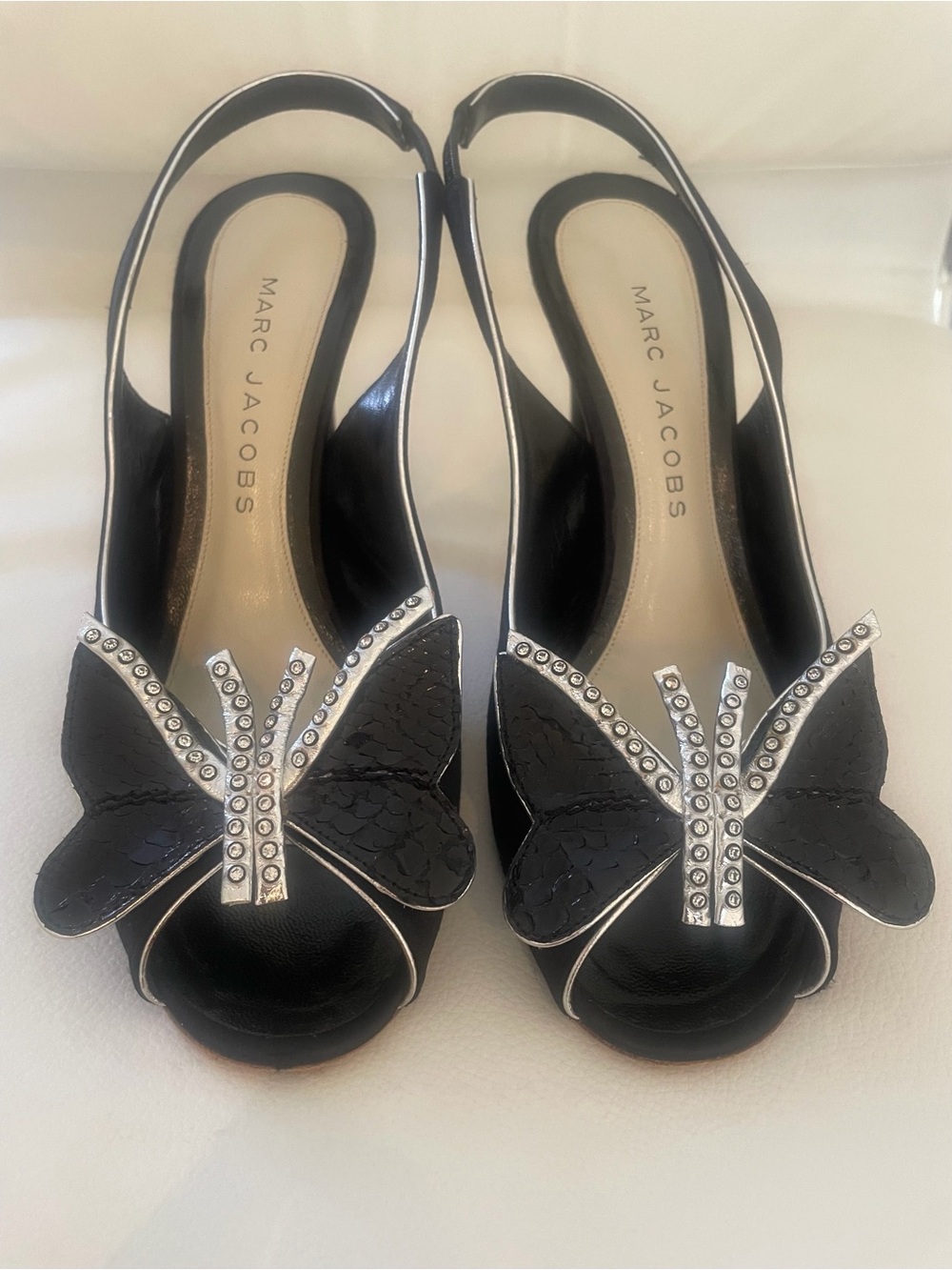 MARC JACOBS Black Slingback Heels with Crystal Butterfly Accent